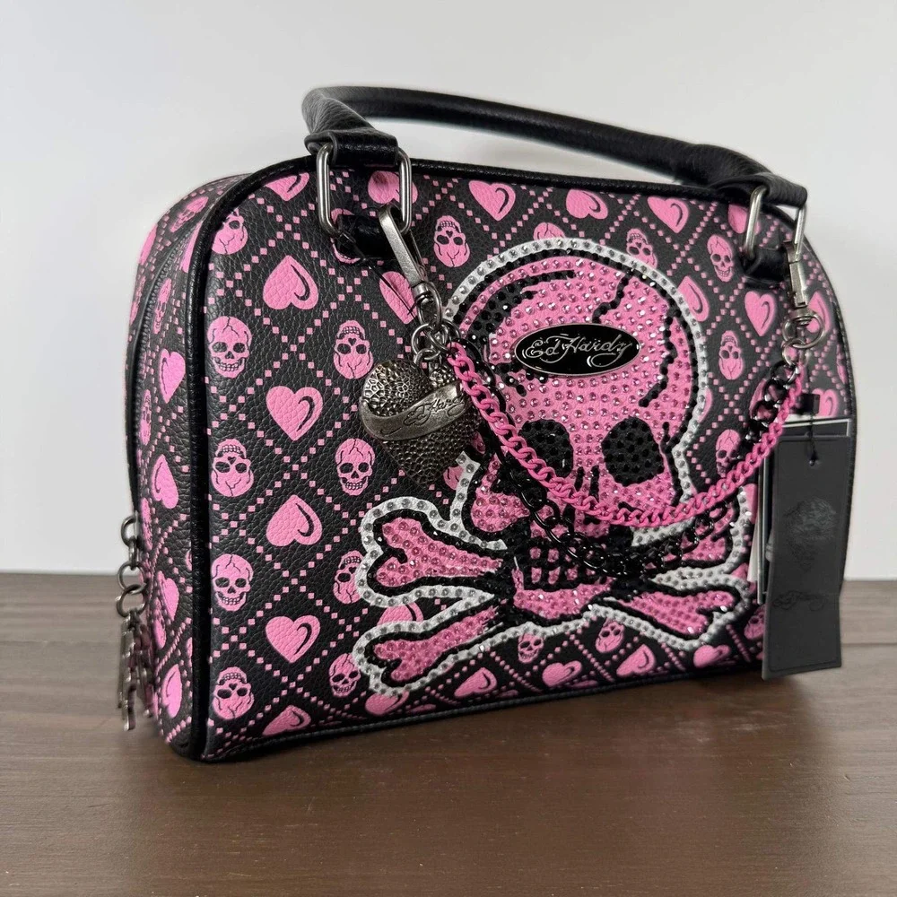 Ed Hardy Satchel Handbag Black Pink Skull Hearts Rhinestone Vegan Leather Purse